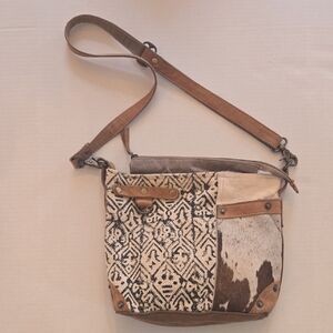 Myra Bag Brown and Cream Cowhide and Cotton Patterened Crossbody